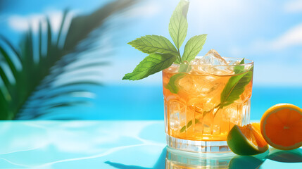 Wall Mural - Alcoholic cocktail with ice and lemon or Glass of orange lemonade with ice and mint on the background of the sea and blue sky