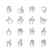 Vector line set of icons related with hand gestures. Contains monochrome icons like finger, gesture, palm, hand, fist and more. Simple outline sign.
