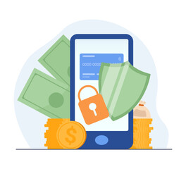 Aufkleber - Smartphone with shield, lock and money vector illustration. Drawing of mobile banking application, safety and protection of personal information and transactions. Technology, security, finances