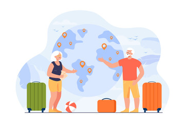 Canvas Print - Elderly couple choosing vacation destination vector illustration. Cartoon drawing of happy old people with luggage and globe with location pins. Senior life, traveling, relaxation, retirement concept