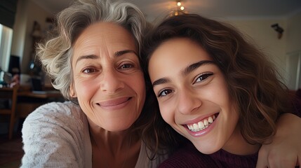 Wall Mural - happy mother and daughter taking photo together in home, Generative Ai