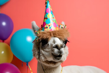 Wall Mural - Funny and friendly cute alpaca wearing a birthday party hat in studio, on a vibrant, colorful background. Generative AI