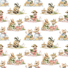Seamless Pattern With Vintage Variety Set Of Cute Animals In Vintage Clothes And Food On Picnic Isolated On White Background. Watercolor Hand Drawn Illustration Sketch