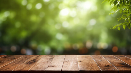 Wooden table. Blurred green nature garden summer background. Generative AI