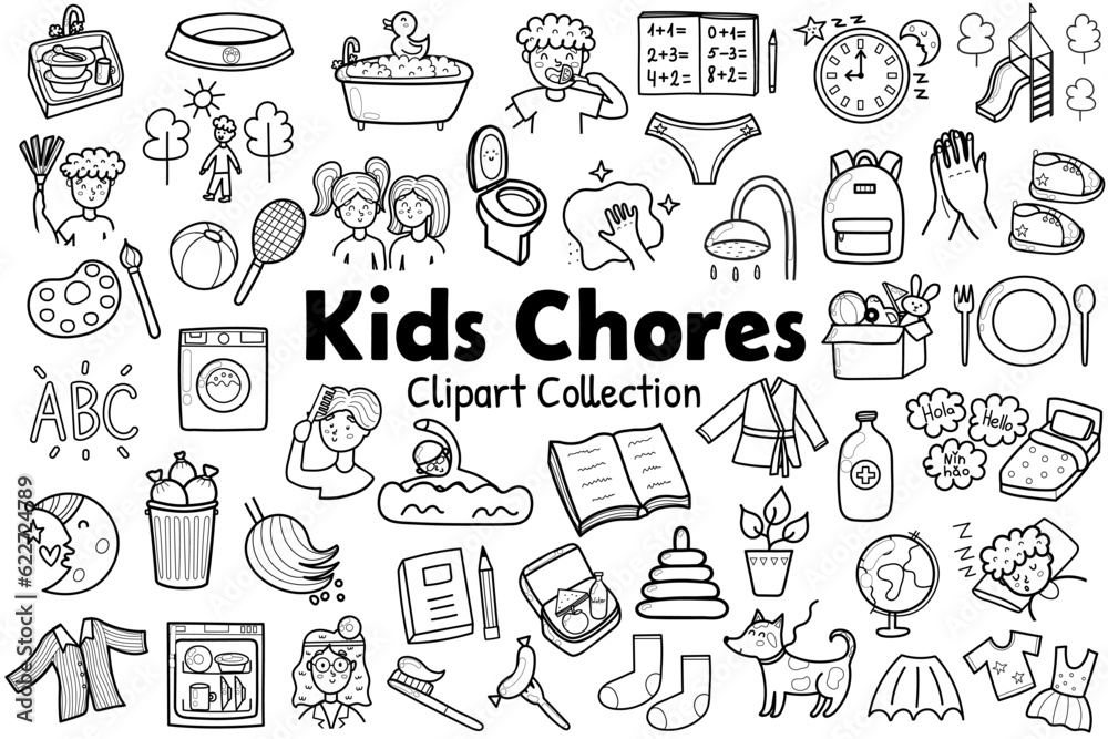 Kids chores clipart collection in outline. Black and white daily ...