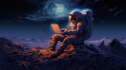 Wall Mural - illustration astronaut in space with a laptop. ai generation
