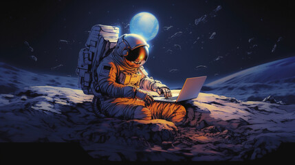Wall Mural - illustration astronaut in space with a laptop. ai generation