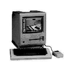 Retro PC offset element for trendy collage. Vector retrofuturistic black and white illustration with halftone pattern.