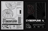 Fototapeta Do przedpokoju - Modern posters technology in the style of Techno, Rave, Electronic music. Rave posters, Graphic design mockup. Geometry wireframe grid and tunnel circle retro cyberpunk style. Vector illustration