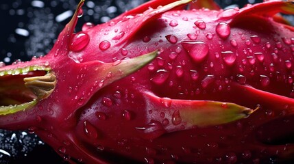 Wall Mural - Generative AI, bright slice of juicy ripe dragonfruit and water drops, macro of summer fruit