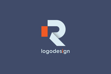 Poster - initial letter r logo. orange and white geometric shape origami style isolated on blue background. f