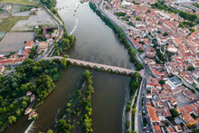 Aerial View Of An Old Stone Bridge Crossing The Douro River In Zamora, Spain.