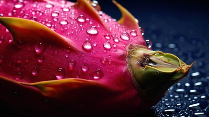 Wall Mural - Generative AI, bright slice of juicy ripe dragonfruit and water drops, macro of summer fruit