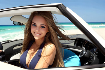 a sexy and beautiful woman who drives in an open car on the beach. Generative AI