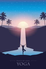 Wall Mural - peace of mind yoga under waterfall river tropical landscape at beautiful sunset vector illustration EPS10