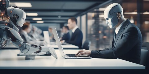 Robot works at laptop in modern office. Robots replacing humans in offices. Machines take people's jobs away. Unemployment. Created with Generative AI technology