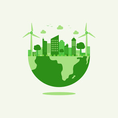Wall Mural - Eco Friendly and Green Energy Concept Vector Flat Design Illustration,  Modern Design World Planet and Natural Landscape