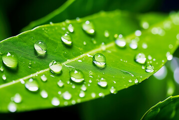  Drops of pure transparent dew on a leaf. Close-up. Selective focus.