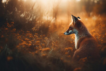 Red Fox In Dreamy Autumn Field In High Grass.