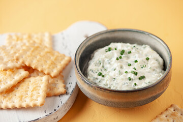 Wall Mural - Benedictine spread. Cream cheese with cucumber and spring onions. United States cuisine. Copy space