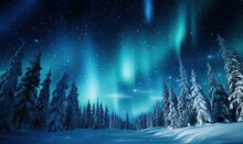 Landscape With Forest At Winter With Northern Lights. 