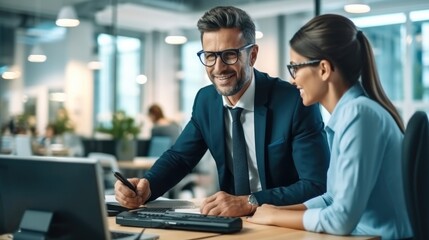 Aufkleber - Male boss discussing online project with employee on laptop in office, Diverse business people using computer and talking.