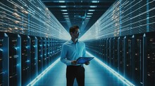 Big Data Center Chief Technology Officer Using Laptop Working With Information Digitalization Lines Streaming Through Servers, Activates Servers, Information Digitalization Starts.