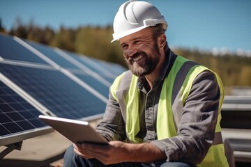 Poster - Technician working outdoor on ecological solar farm construction. Renewable clean energy technology concept.
