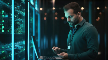 Aufkleber - IT Professional Admin Using Laptop in Data Center while Working Next to Server Racks Running Diagnostics or Doing Maintenance Work.