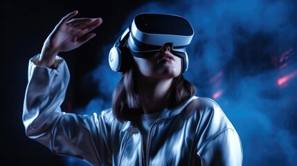 Wall Mural - young woman wearing vr goggles and touching air while having virtual reality experience in neon ligh