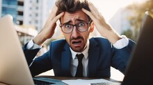 Business Man Stress And Frustrated For Computer News, Problem And Mistake, Burnout Of Accountant Person Fail On Computer.