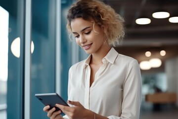 Aufkleber - Woman are reading on mobile phone with tablet at the office with a smile for online communication, Technology and typing at a company for conversation on the internet.