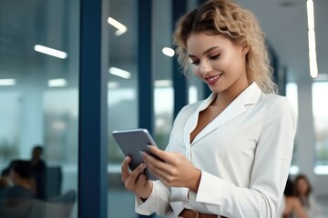 Aufkleber - Woman are reading on mobile phone with tablet at the office with a smile for online communication, Technology and typing at a company for conversation on the internet.