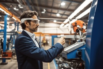 Poster - Businessman maintenance and check part of robot arm machine at factory automotive, Industrial and technology concept.