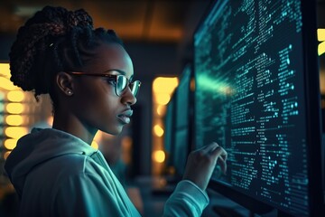African American woman programmer looking at lines of code on a screen, Maintenance IT Specialist, In Cloud Computing Server Farm.