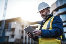 Smart Construction Project Management System Concept, Engineer Using A Digital Tablet On A Construction Site.