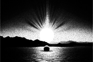 Poster - Alien planet landscape in retro dotwork style. Planets and satellites over unknown planet in space. Sci-fi world landscape beyond our galaxy.