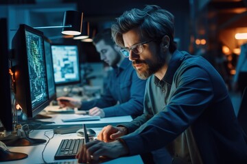 Aufkleber - Portrait of IT Software Engineer Working on a Laptop at his Desk, Applying His Knowledge in Writing Code, Diverse Workplace with Professionals.