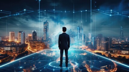 Aufkleber - Back side view businessman on future network city, Success and research concept.