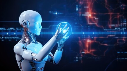 Poster - Cyber digital world android robot pointing finger, Technology artificial intelligence automated, Digital world technology.
