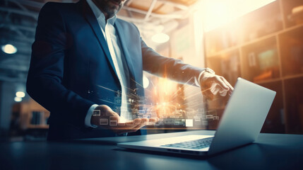 Aufkleber - Businessman using tablet and analysis sale data graph growth on modern interface icons on strategy, Digital online marketing.