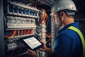 Aufkleber - Electrical technician working in a switchboard at control panel, Inspection and planning maintenance on clipboard.