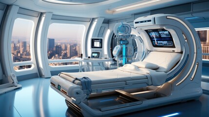 Aufkleber - Futuristic hospital room, Medical facilities and communication network. Medical technology.