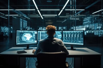 Aufkleber - Technician man monitoring program from a lot of monitor, Multiple Screens Showing Technical Data, In the Background Data Center with Server Racks.
