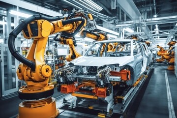 Poster - Robotic arms in a car plant, Car production line.