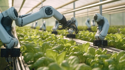 Smart farming agriculture technology robotic arm, Robot farming harvesting agricultural products in greenhouse, Innovative futuristic technology