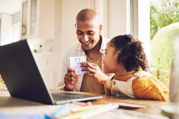 Poster - Father, teaching and girl in home for education with cards or laptop for childhood development with happiness. Smile, father and kid is learning with home work or support and childhood development.