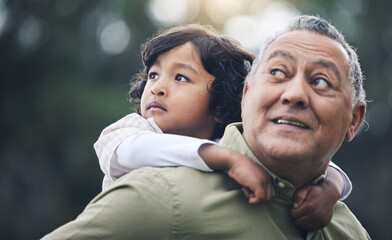 Nature, care and a grandfather with a child and piggyback, thinking and looking at the view in a park. Smile, love and senior man with a kid in a backyard or garden with an idea or vision and hug