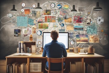 person working on computer with mind map in background wall