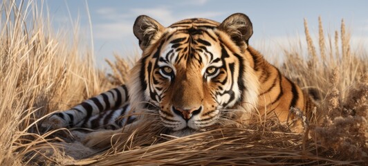 Wall Mural - Wildlife safari landscape, african tigers animals africa banner panorama long - Lying tiger in a park in namibia  (Generative Ai)